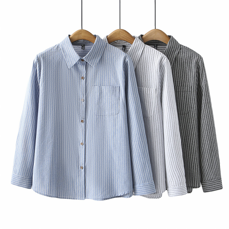 Spring Autumn Plus Size Shirt New 100KG Stylish Casual Loose Striped Long Sleeved Cotton Women's Blouses