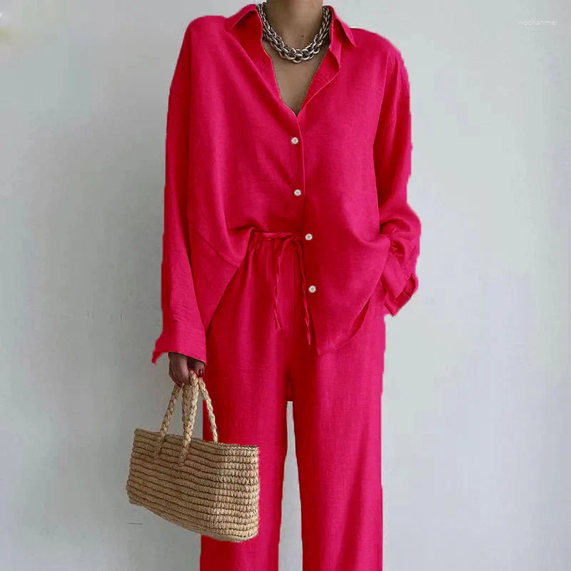 Women's Two Piece Pants Pant Sets Women Shirt Tops Cardigan Drawstring Long Solid Single Breasted Full Sleeve Blouses Casual Spring