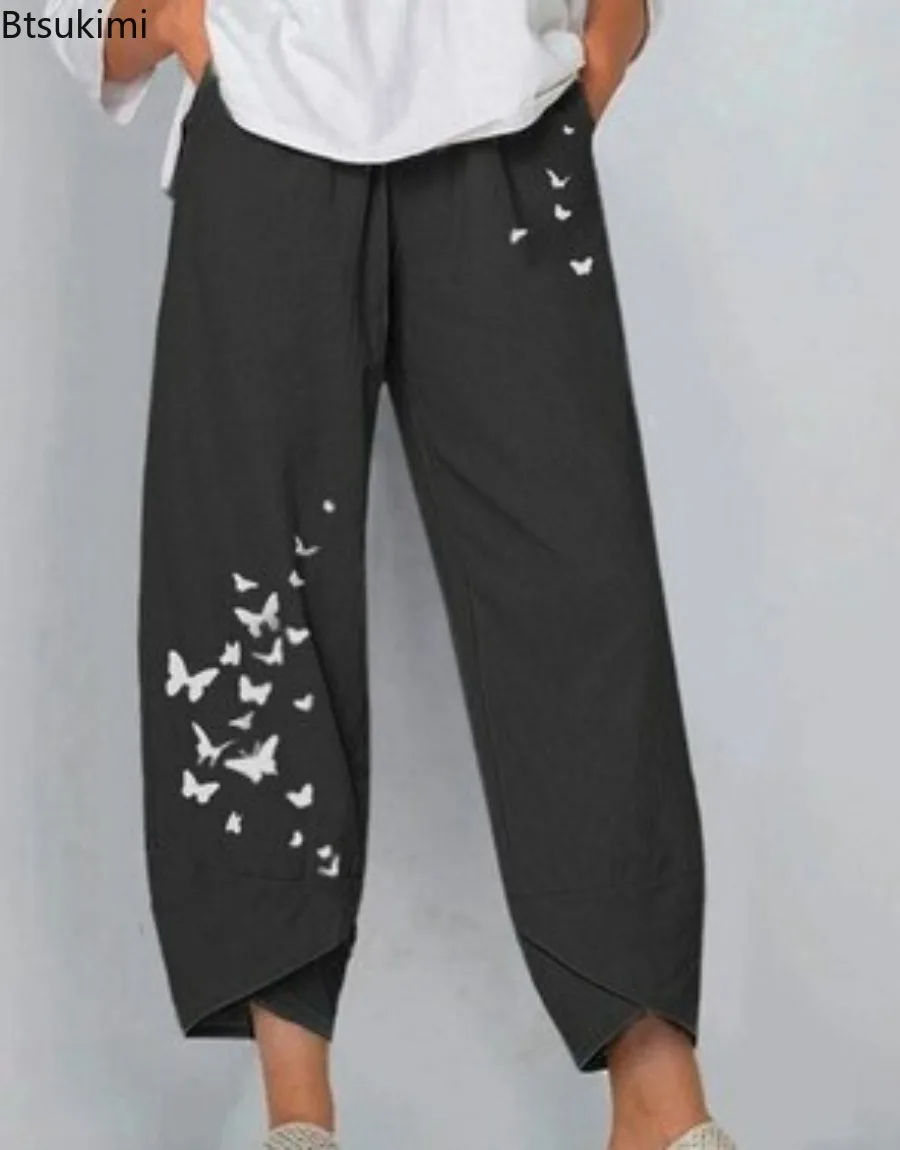 2025 Women's Casual Cotton Linen Harem Pants Printed Wide Leg Trousers Solid Pockets Harajuku High Waist Baggy Pants Joggers 5XL