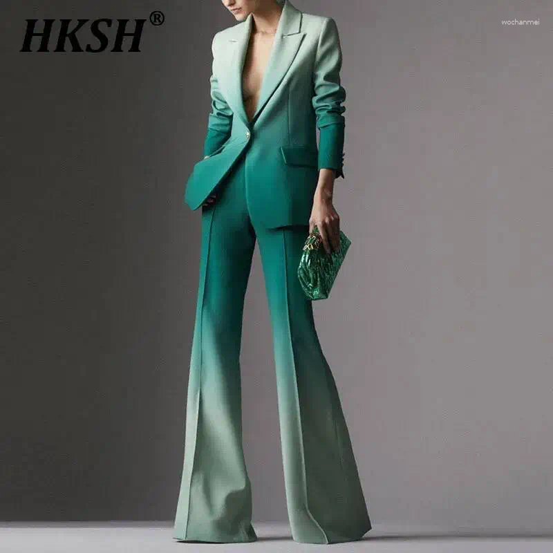 Women's Two Piece Pants HKSH Spring Summer Women Ins Chic Fashion Elegant Gradient Color Slim Blazer Coats Flared Casual Two-Piece Sets