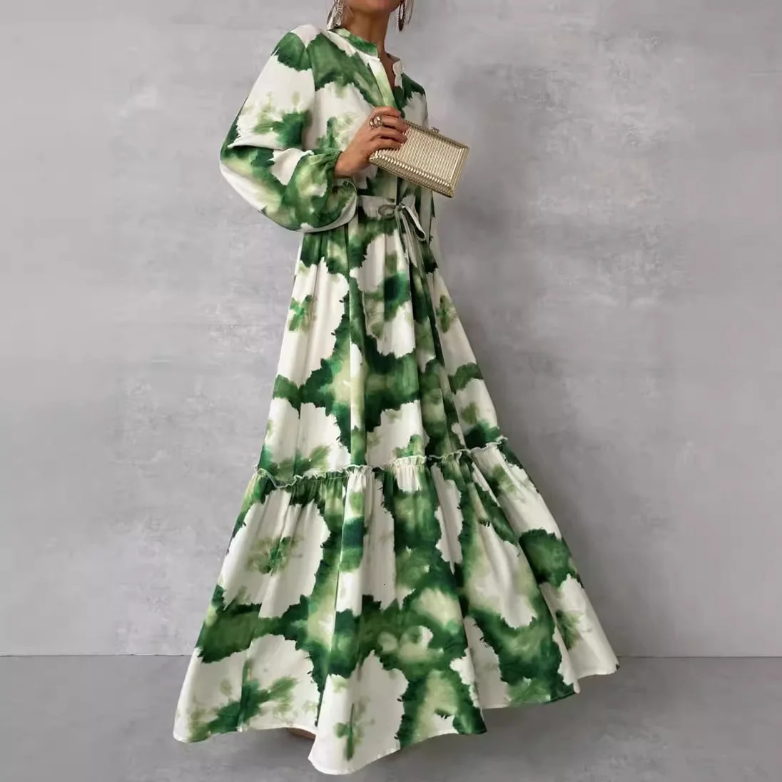 Summer Elegant Women Maxi Dresses Fashion Green Print Long Sleeve V Neck Waist Adjustment Long Dress Female Party Vestido 250728