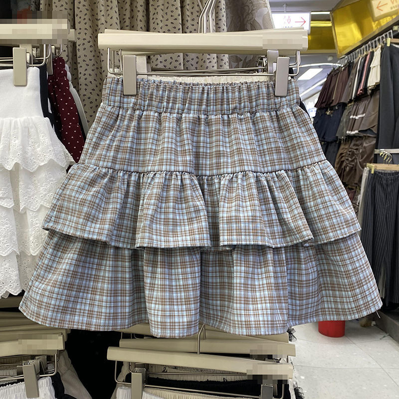 Lotus Leaf Edge High Waist Elastic Plaid Skirt for Women Summer College Style Loose Sweet Chic Short Skirt Trendy Women Clothing