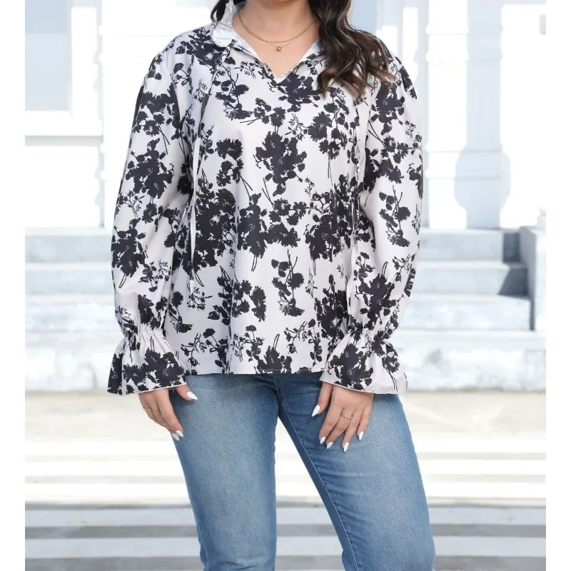 Plus Size 1XL-5XL New Fashion Women's Spring and Autumn Printed Pattern V-neck Tied Shirt Elastic Cuff Long Sleeved Shirt