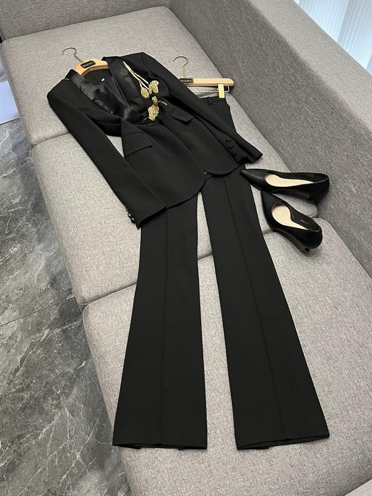 2025 Autumn Black Floral Beading Two Piece Pants Sets Long Sleeve Lapel Neck Panelled Blazers Top + Long Pants Set Two Piece Suits O5M032866