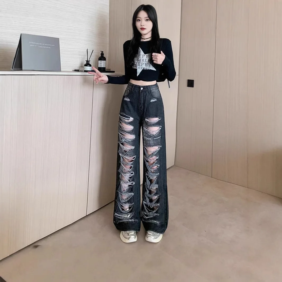 American Style High Waist Loose Fit Straight Leg Jeans Women's New Style Ripped Patchwork Denim Pants Trendy plus Size