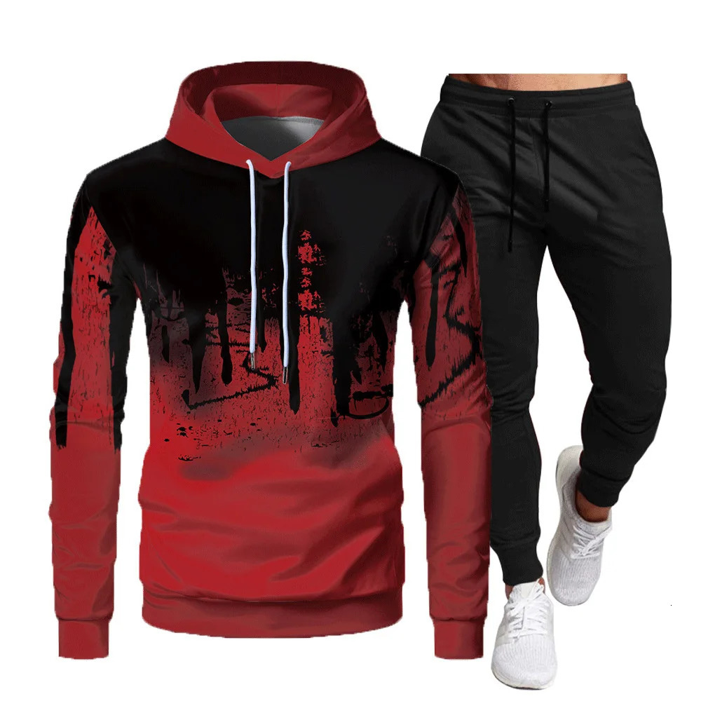 Spring and Autumn Mens Inkjet Printed Hoodie and Pants Two Piece Set Fashion Sports Running Clothes Hoodie Set 250728