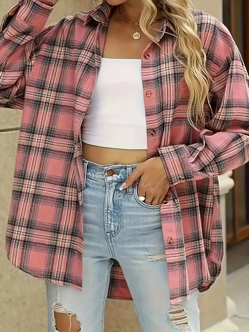 Plus Size 1XL-5XL Women's Plaid Print Casual Long Sleeve Polo Collar Button Front Shirt Women Fashion Plus Size Clothing