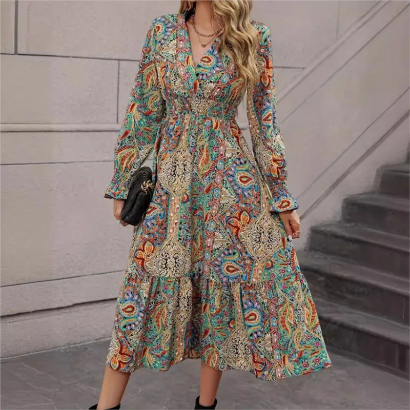 Vintage And Elegant Womens Long Autumn Dress With Item Print V-neck Cover Waist Cinched Lantern Sleeves A-line Maxi Dress 250728