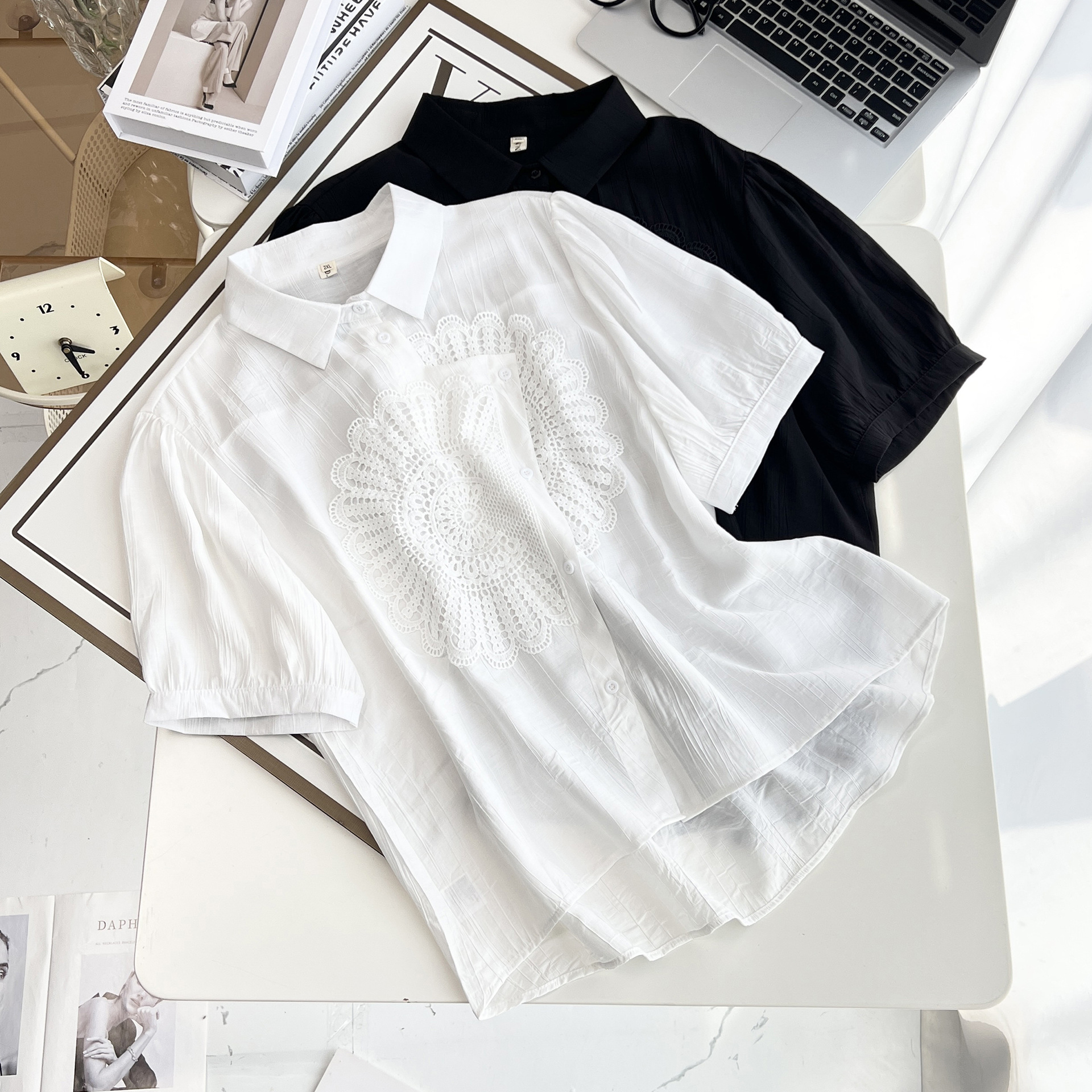 100kg New Summer Women's Blouses Jacquard Lantern Sleeve Shirt Plus Size Fashion Lace Flower Tops