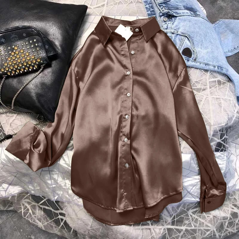 Autumn Casual Womens Satin Shirt AllMatch Basic Solid Color Office Ladys Top Trendy Multicolor Shirts And Blouses Chic 250730