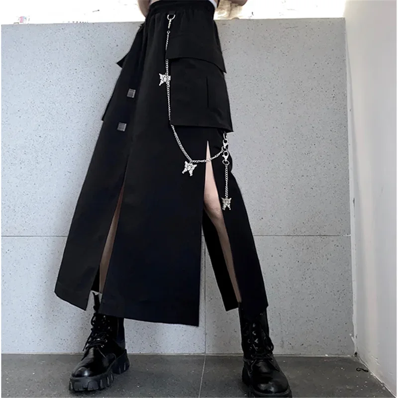 2025 New Spring Autumn Women Skirt Fashion Korean Style Black Long Skirts with Chain Side Slit Hip Hop Streetwear Plus Size