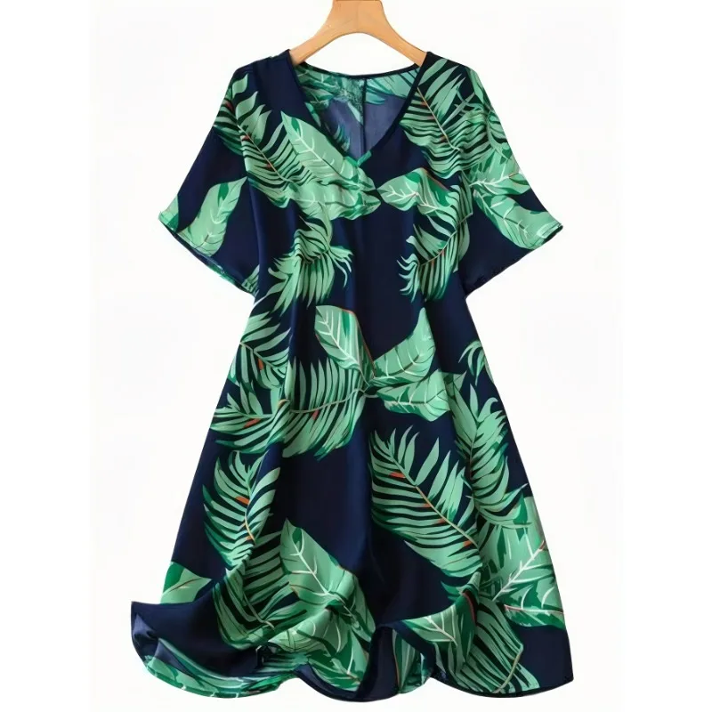 Plus Size 1XL-5XL Women's Summer Fashion Plant Printed Bat Sleeve Comfortable Versatile Dress Elegant V-neck Short Sleeved Dress
