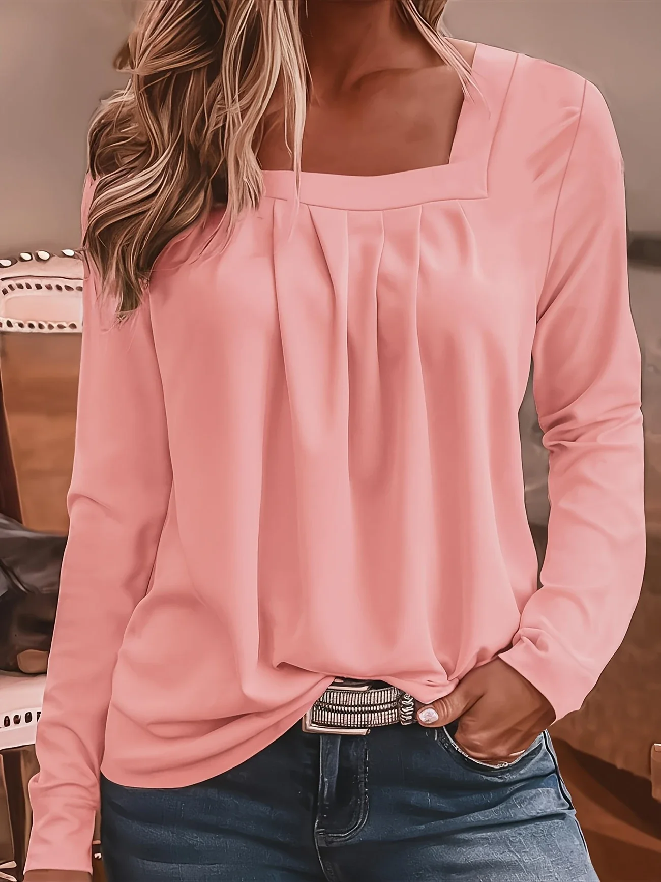 Plus Size 1XL-5XL Spring Autumn Women's Long Sleeved Square Neck Pink T-Shirt Women Fashion Solid Color T-Shirt
