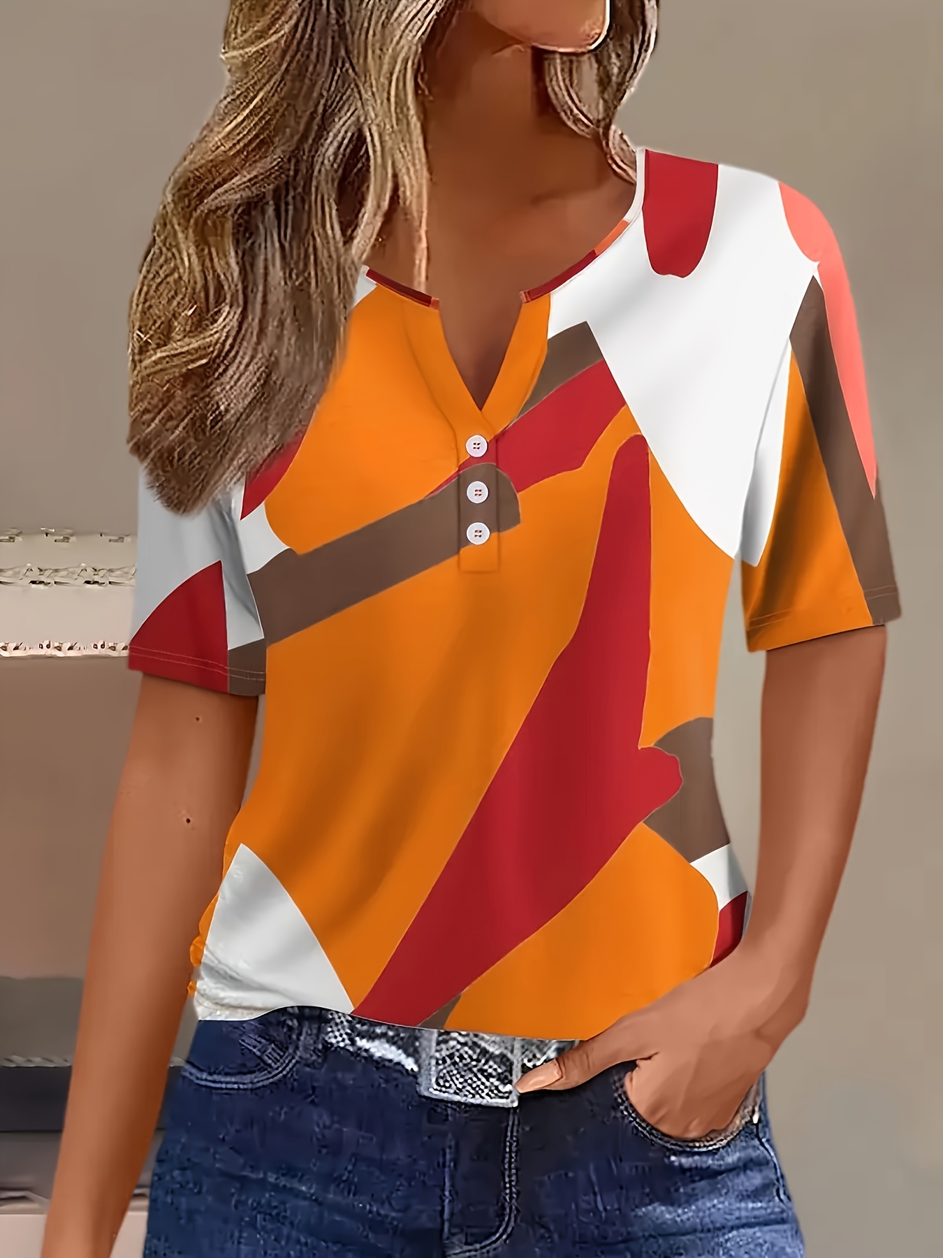 Plus Size Women's Spring and Summer Clothing Casual Color Blocked Short Sleeved T-shirt with Button Design on The Collar
