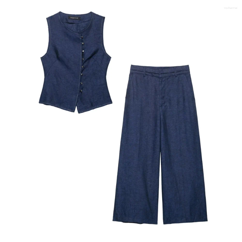 Women's Two Piece Pants UNIZERA Linen Blended Round Neck Button Double Breasted Temperament Tank Top High Waist Wide Leg Summer