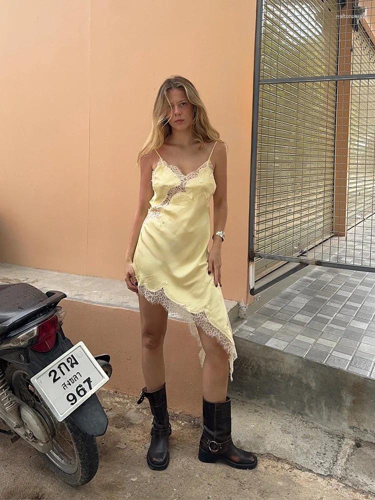 Casual Dresses Solid Lace Patchwork Sling Dress Sleeveless Split See Through High Waist Gown For Women 2025 Sexy Summer Holiday Robe