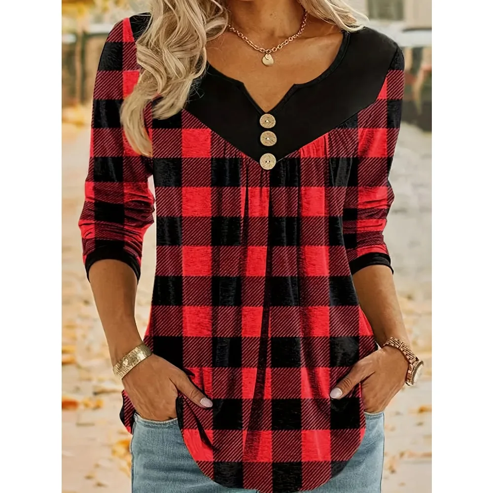 Plus Size 1XL-5XL Ladies Fashion Long Sleeve Blouse Loose Shirt Women's Plaid Print Long Sleeved V-neck T-shirt Neck Blouse
