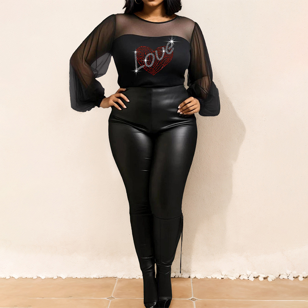 Plus Size Women Sexy Gothic Rhinestone Lantern Sleeve Blouse Tops All Season Ladies Party Club T Shirt Tee Pullover Size 1XL-5XL