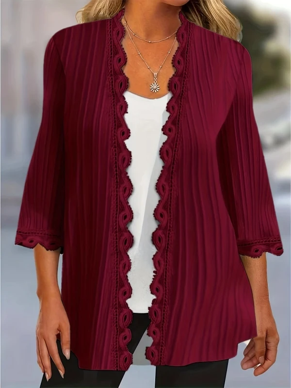 Plus Size 1XL-5XL Women's Fashion Solid Ribbed Contrast Lace Three Quarter Sleeve Cardigan Elegant Loose Fitting Outwear