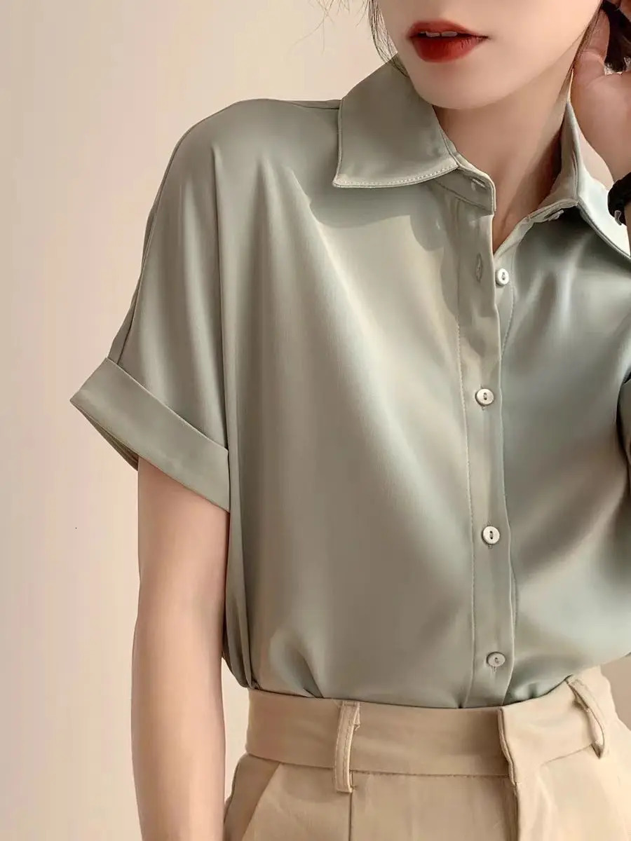 Elegant Vintage Women Solid Short Sleeve Shirts Korean Fashion Summer Female Blouses Casual Simple Clothes Tops For Lady Trendy250723