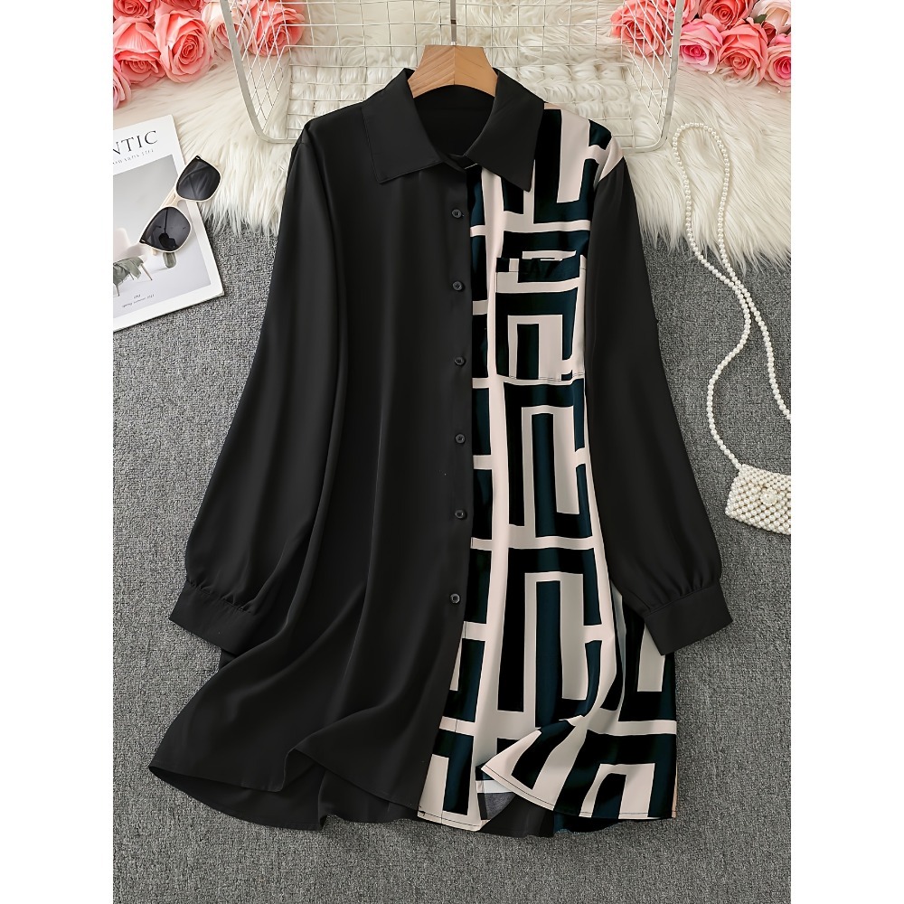 Plus Size 1XL-5XL New Women's Printed Spliced Button Up Shirt Long-sleeved Formal Office Shirts Top Women Clothing