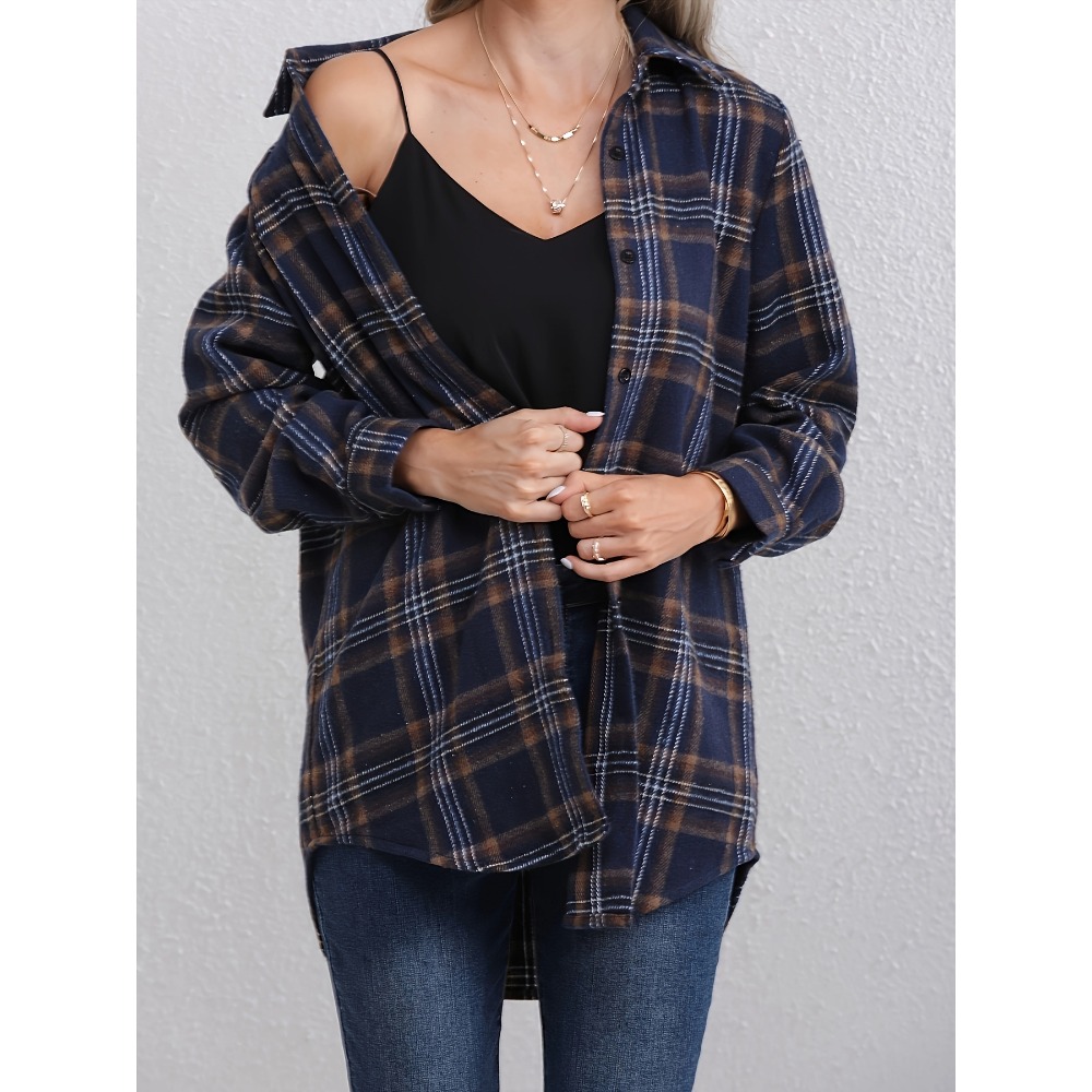 Plus Size 1XL-5XL Women's Plaid-Print Placket Pocket Shirt With Lapel Collar Ladies Casual Long Sleeves Blouse Shirt Top