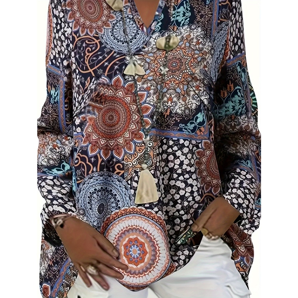Plus Size 1XL-5XL Women's Long-Sleeved Printed V-neck Shirt Ladies Fashion Long Sleeve Blouse Loose Shirt