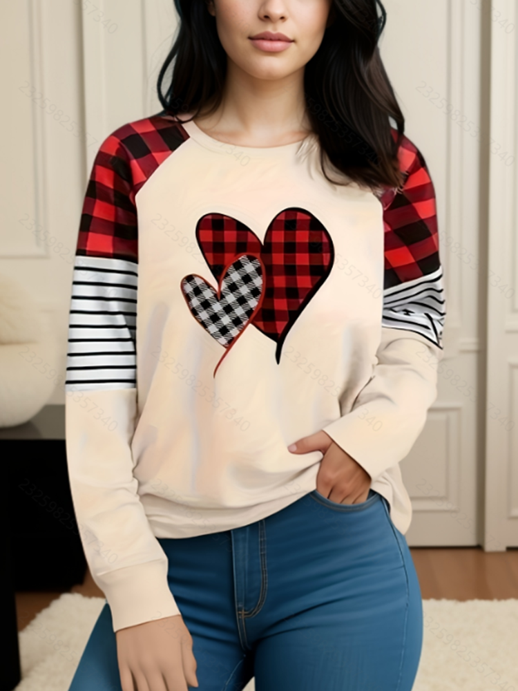 Plus Size 1XL-5XL Women's Autumn Fashion New Item Checkered Heart-shaped Printed Comfortable Long Sleeved T-shirt