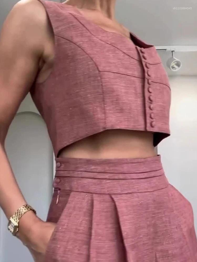 Women's Two Piece Pants Vintage Solid Color Slim Commute Outfits Elegant Lady Button High Waist 2PC Casual Sleeveless Crop Tops And Wide Leg