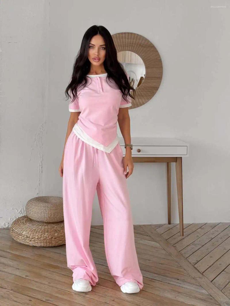 Women's Two Piece Pants Fake Pieces Short Sleeved Outfit Spring Women O Neck Button Tops High Waist Drawstring Wide Leg Summer Set