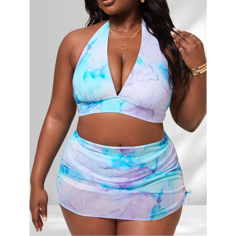 Plus Size Tie Dye Summer Bikini Set Halter Bra & High Waisted Bottom & Beach Skirt Swimsuit set