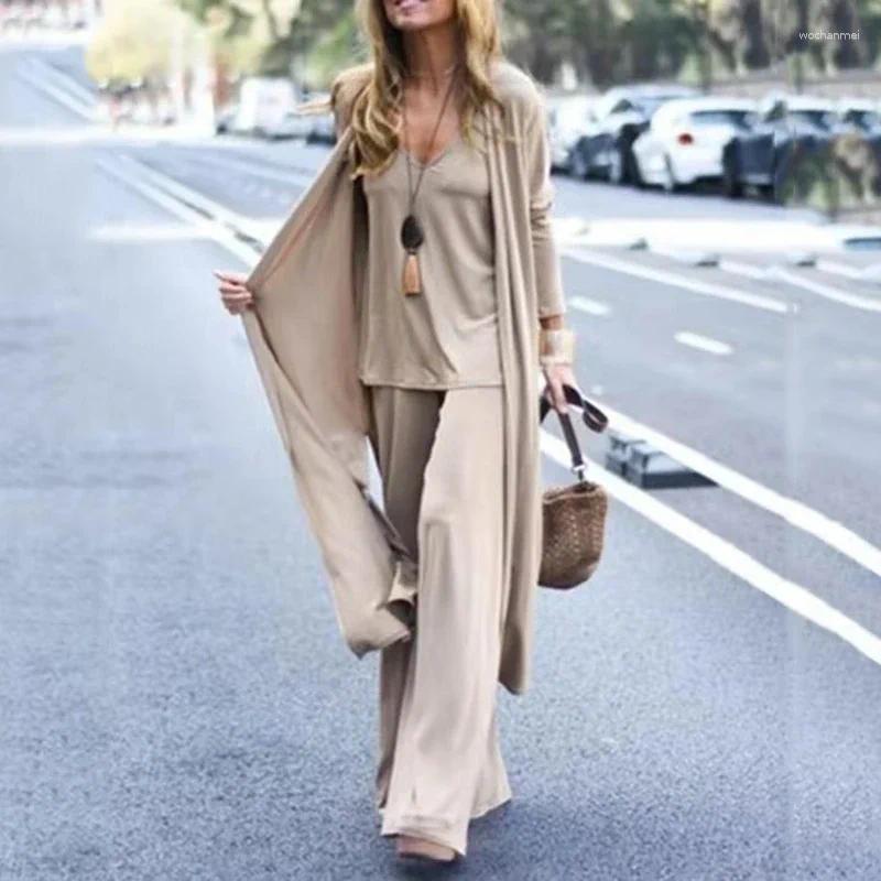 Women's Two Piece Pants Spring Autumn Suit Fashion Elegant Solid Three Sets V-Neck Sling Top Wide Leg And Long Cardigan Commute