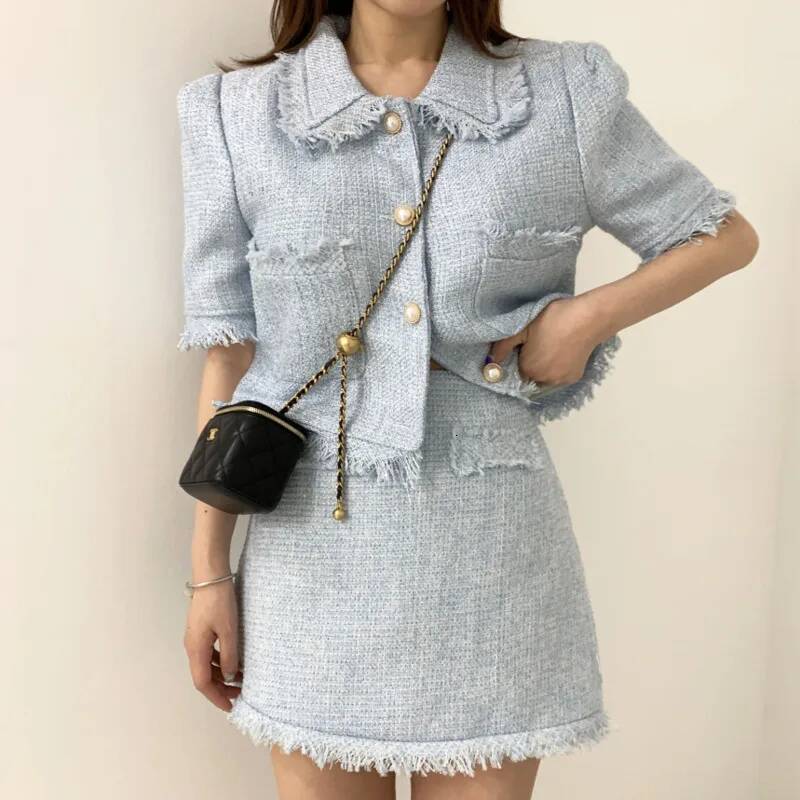 2025 Summer Ladies Blazer Skirt Jacket Coat + High Waist Skirts Mini Solid Slim Casual Vintage Tweed 2 Pieces Set dongdumaoyi