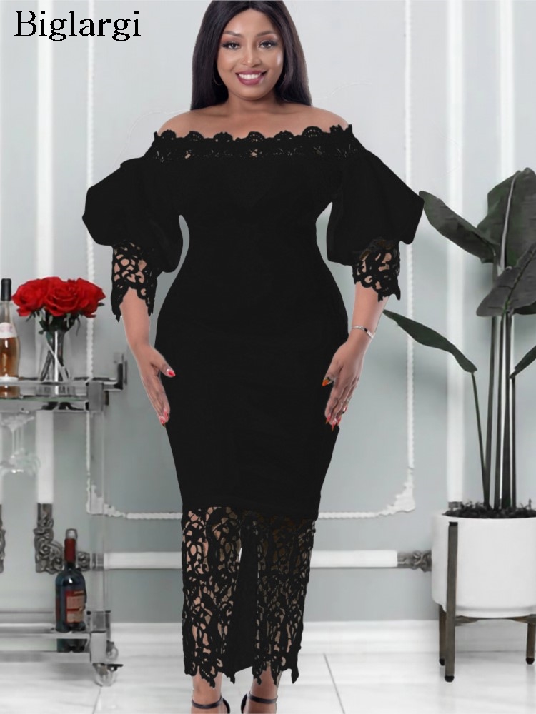 Plus Size Summer Dress Women Lace Embroidery Patchwork Fashion Bodycon Slim Waist Ladies Dresses Lantern Sleeve Woman Dress