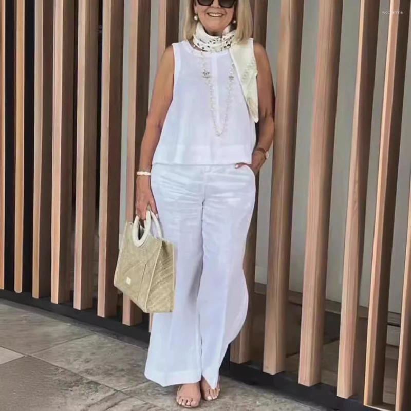 Women's Two Piece Pants Women Pant Suits Summer O-neck Sleeveless Pullover Blouse Top& High Waist Pocket Wide Leg Cotton Linen Trouser Sets