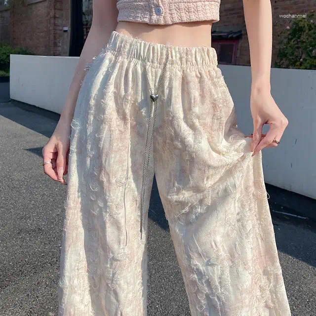Women's Pants Tie-Dye Ripped Pink Palazzo Women Summer High-Waist Drapey Loose Straight Trousers