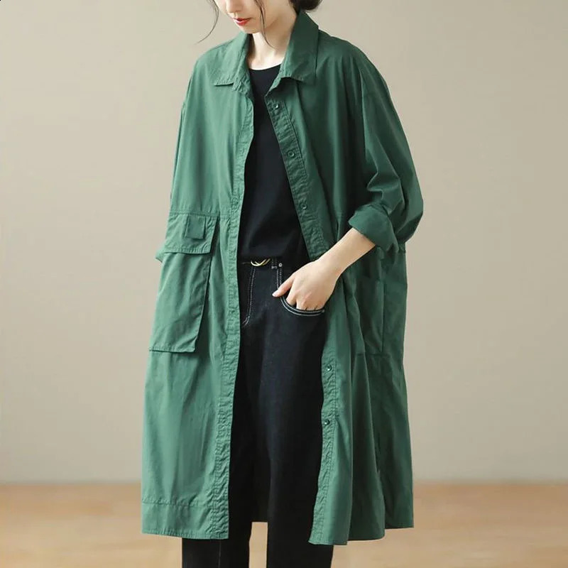 Solid Trench Coat Women Spring Autumn BIg Pockets Single breasted Clothes For Loose Long Jackets 250730
