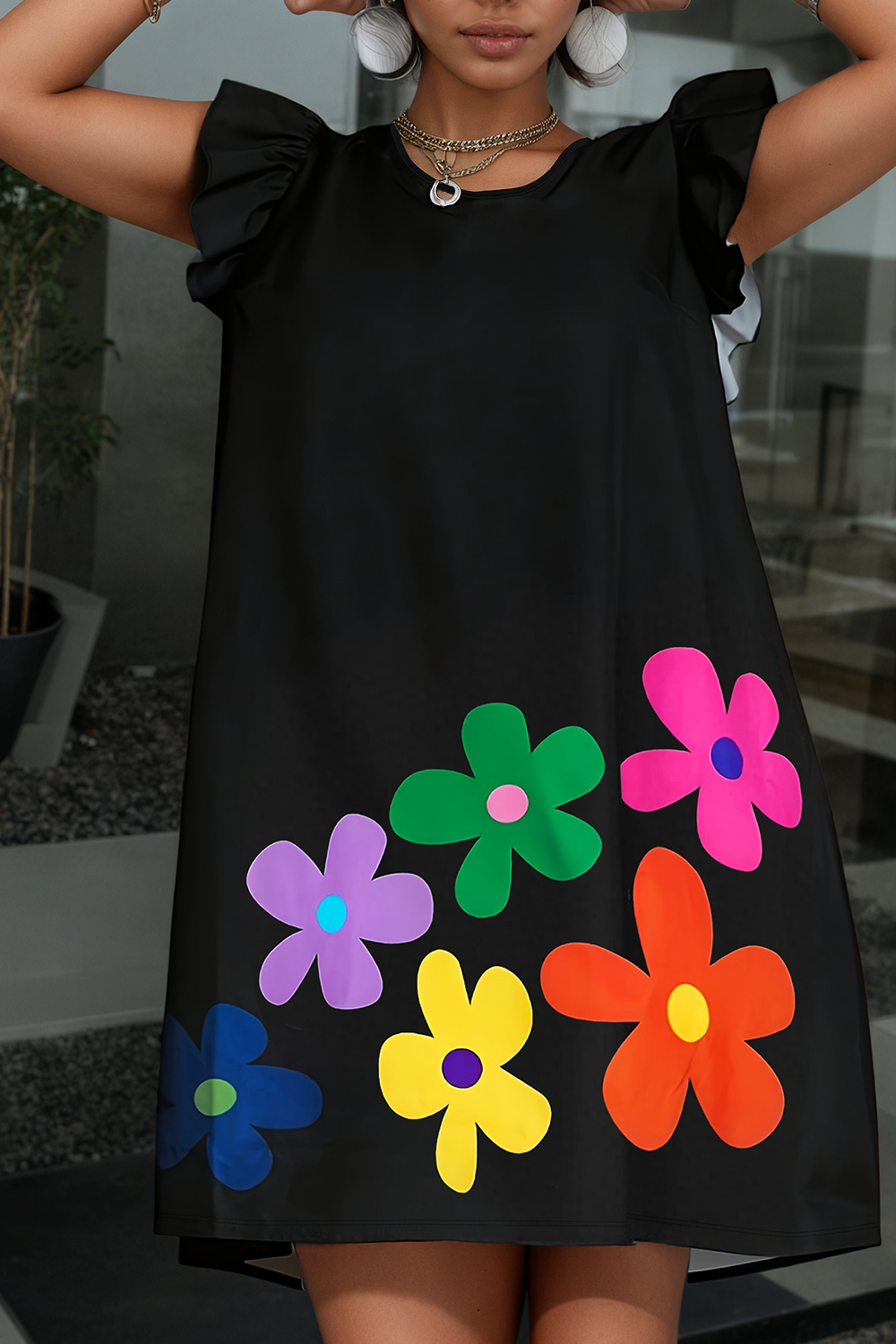 Women's Plus Size Mini Dress Ruffle Sleeve Round Neck Floral Printed Vintage Loose Casual Elegant Retro Summer 2025 Dresses