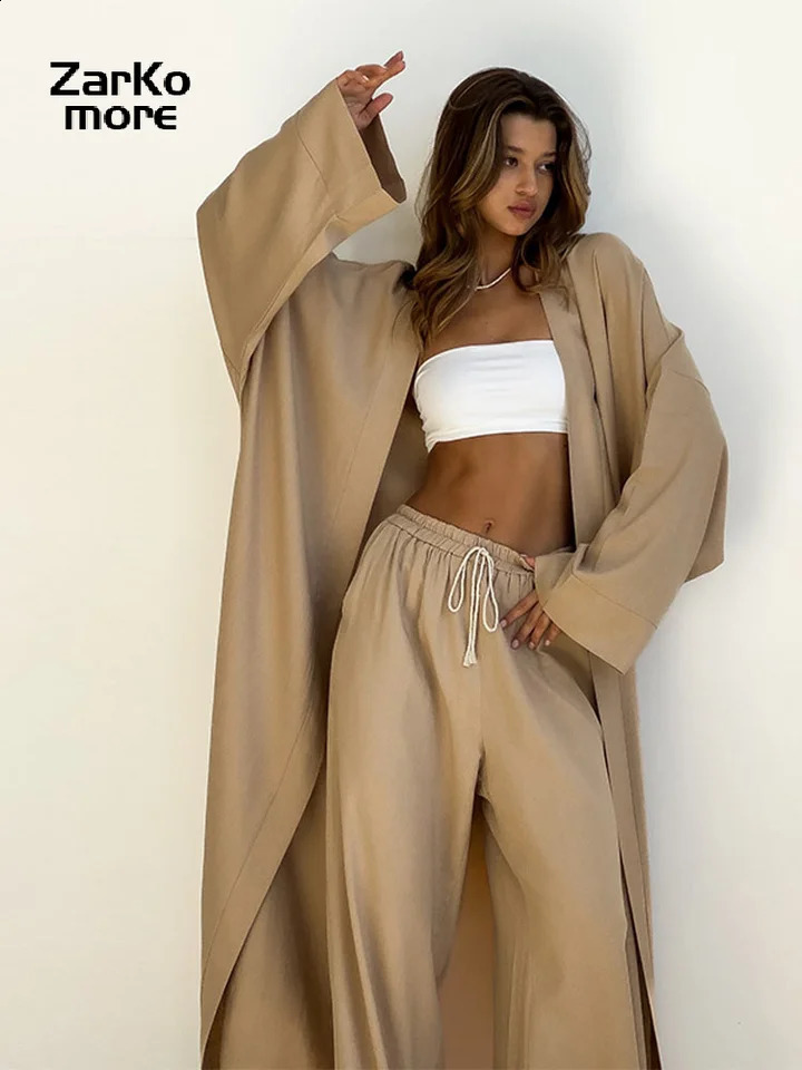 Casual Womens Pants Set Long Sleeve Loose Robe Lace Up Straight Trousers Solid 2 Pieces Sets 2025 Autumn Lady Street Suits 250724