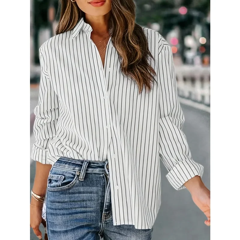 Plus Size Women's Casual Striped Long Sleeve Button Shirt New Fashionable Cotton Polyester Blend Top