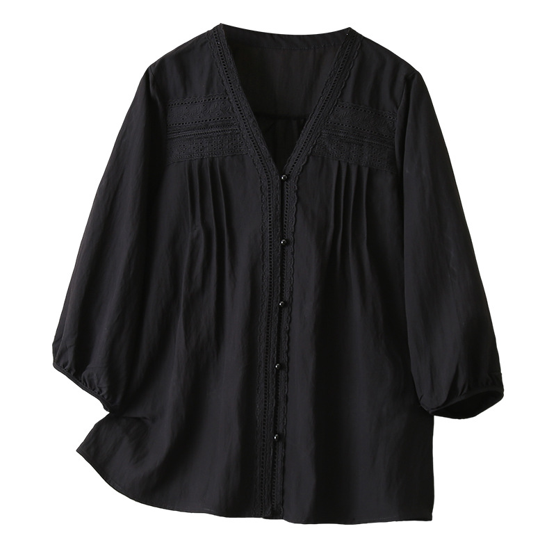 Spring/Summer 2025 New Plus Size Blouses 100KG Stylish V-neck Patchwork Lace Three Quarter Sleeve Shirt For Women