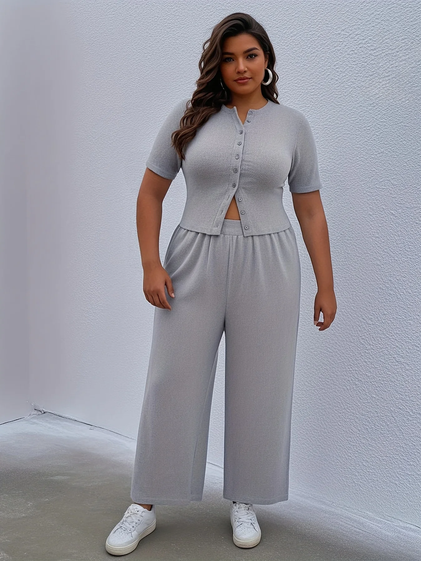 Plus Size 1XL-5XL Women's Fashionable and Comfortable Solid Color Two-piece Set Women Casual Round Neck Two-piece Set