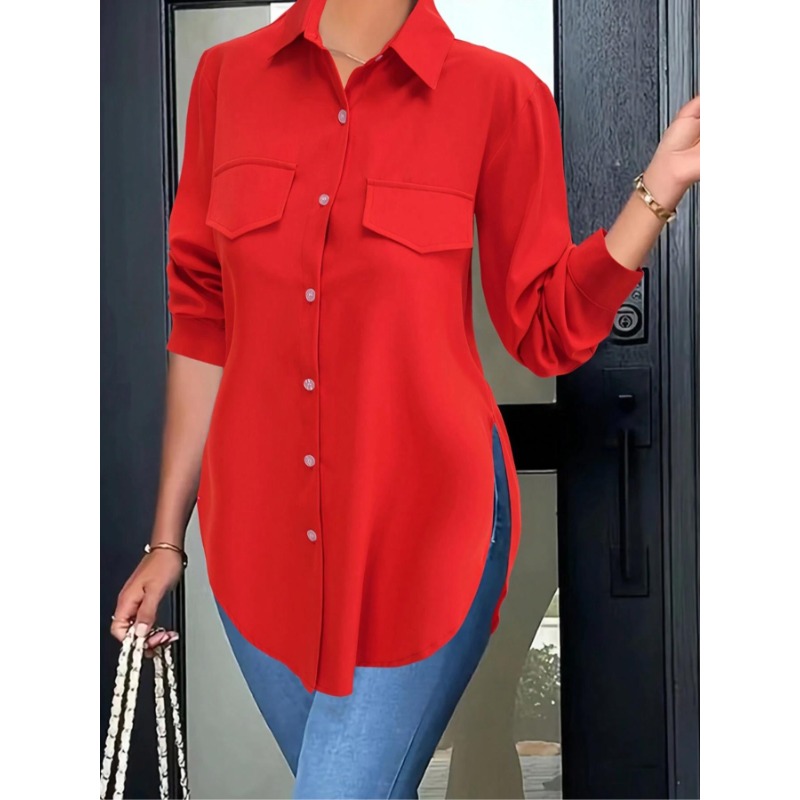 Plus Size Women's 1XL-5XL Women's Autumn Fashion Solid Color Single Breasted Lapel Split Long Sleeved Shirt
