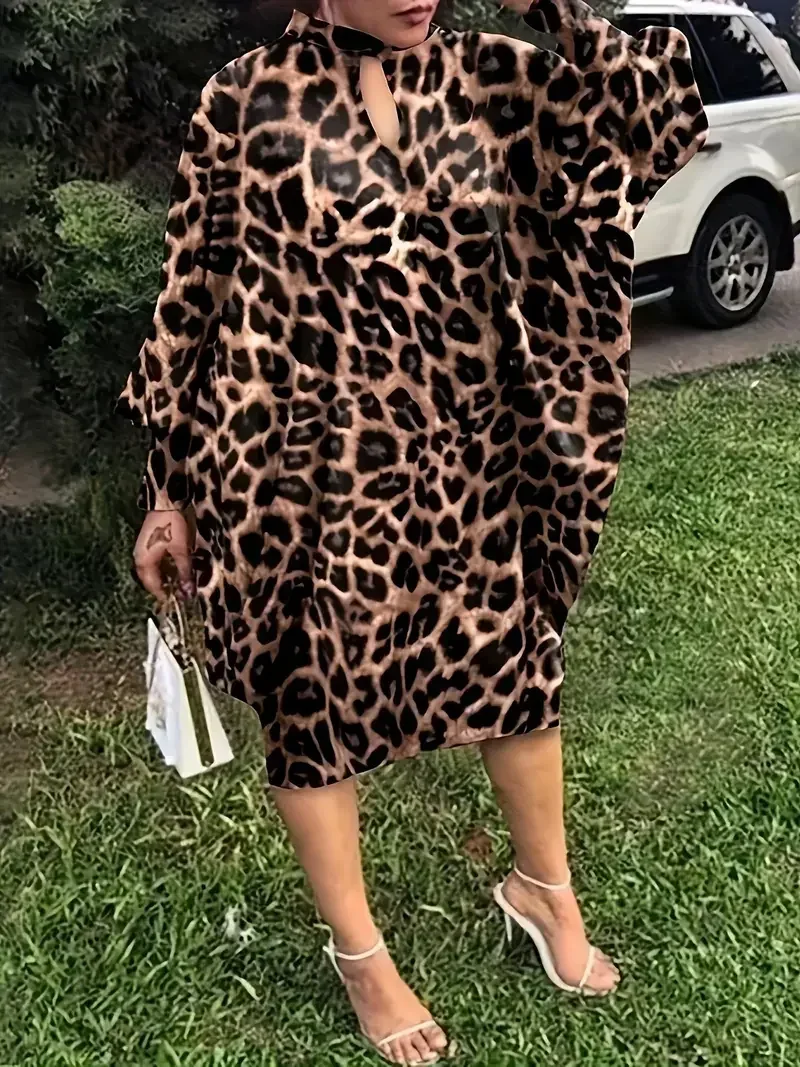 Plus Size 1XL-5XL Autumn Women's Fashion Boho Leopard Print Batwing Sleeve Keyhole Dress Ladies Casual Round Neck Baggy Dress