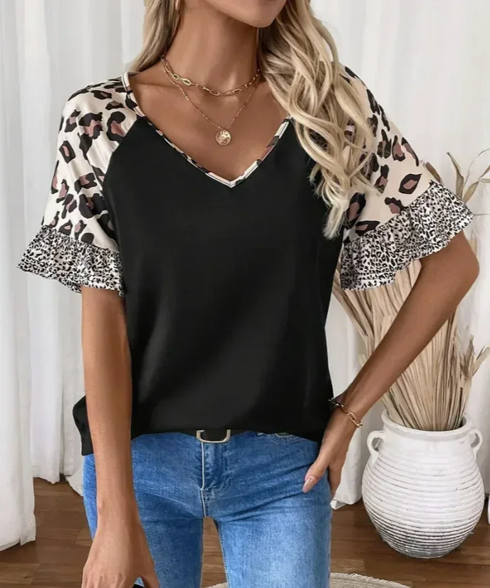 Plus Size 1XL-5XL Women's V-Neck Summer Elegant Leopard Print Patchwork T-Shirt Ladies Black Beige Contrast Short Sleeve Top