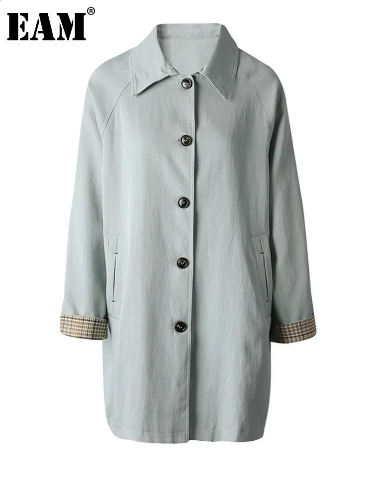 EAM Women Blue Plaid Spliced Big Size Long Trench Lapel Sleeve Windbreaker Fashion Spring Autumn 2025 CPG4016 250730