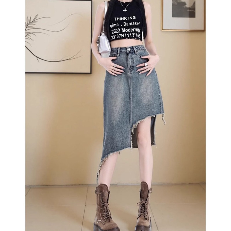 Women Summer Fashion Tassel Irregular High Waist Appear Thin Denim Skirt Ladies Simplicity Office Lady All-match A-line Skirt