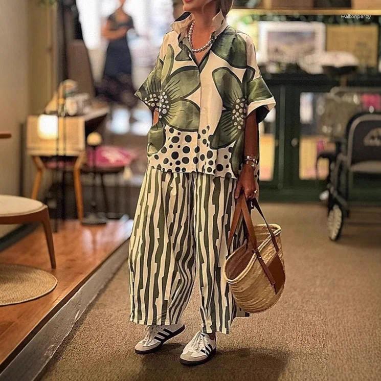 Women's Two Piece Pants 2 Sets Women Summer Print Loungewear Long 2025 Vintage Short Sleeve Shirt Loose Suits Matching Set Outfit