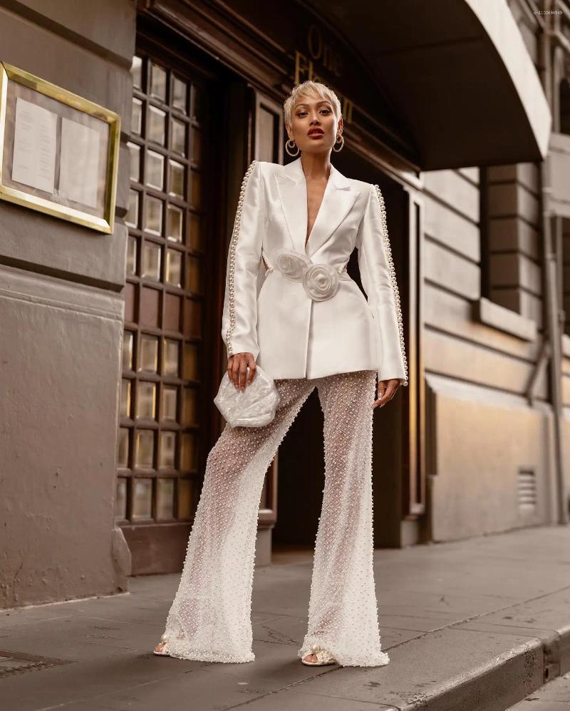 Women's Two Piece Pants Pearl Sequin Blazer Outfit Spring Women Long Sleeves 3D Flowers Hollow Out Jacket Slim Mesh Trousers Autumn Set