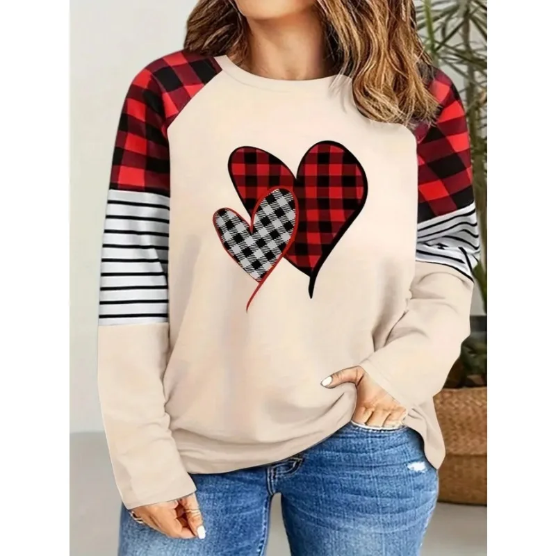 Plus Size Women's Autumn Fashion New Item Checkered Heart-shaped Printed Comfortable Long Sleeved T-shirt